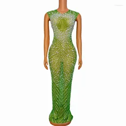 Stage Wear Sleeveless Mesh Transparent Dancer Performance Show Outfit Green Design White Pearls Birthday Celebrate Dress
