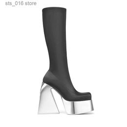 Boots Thick Soled High Tube Thick High Heel Thin Leg Elastic Boots Square Head Punk Style Knee High Women's Boots Fashion Boots T230824