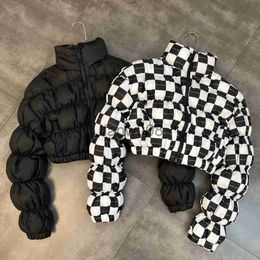 Down Coat Kids Boutique Clothes Girls Coat Winter 2023 Autumn New Standing Collar Korean Plaid Long Bubble Sleeve Fashion Zipper Elastic x0825