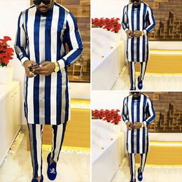 Men's Tracksuits Dashiki Spring Muslim Ethnic Style Personality Striped Printed Crewneck Comfortable Long-Sleeved Shirt And Pants Two-Piece Set 230824