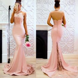 2023 Pink Long High Neck Mermaid Lace Evening Dresses Open Back Applique Sweep Train Maid Of honor Party Dress For Bridesmaid Dress