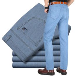 Men's Jeans 2023 Summer Thin Ice Silk Middle-aged High Waist Business Casual Stretch Straight Leg Long Pants Mens