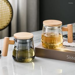 Wine Glasses Heat-resistant Glass Tea Cup Office Separation Household Maker Men And Women Wooden Belt Flower Drinking