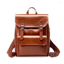 School Bags Vintage Women Leather Backpacks Second Layer Cow Ladies Shoulder Retro Functional Top Handle Handbag