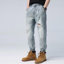 Men's Jeans Men Summer Thin Ripped Worn-out Casual Hole Teen Youth Daily Straight Streetwear Male Blue Washed Pants