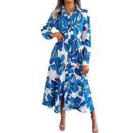 2023 Hot Sale Casual Women Dress Vintage Floral Lapel Lace-up Shirt Skirt Long dress