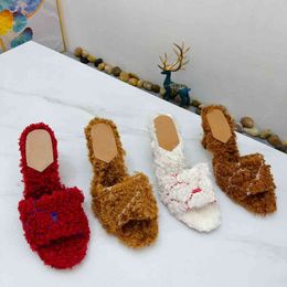 New Designer high Sandal wool fur women sandals ladies fashion embroidery fluffy fuzzy slippers winter indoor office casual high heels size 35-42