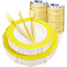 Disposable Dinnerware 60 Dinner Plate Set Yellow Plastic Tray With Golden Edge Silverware Wedding Party Supplies 230825