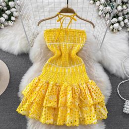 Casual Dresses Summer Sexy Halter Hollow Out Embroidery Dress Women's Sleeveless Open Back Ruffles Stretch Holiday Ball Gown 299x