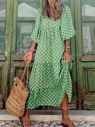 Casual Dresses 2023 Autumn Style Resort Long Dress Boho Printing Puff Sleeve V Neck Baggy Elegant Street Sundress For Women Sal