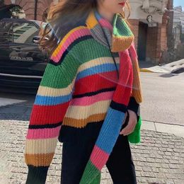 Womens Sweaters Rainbow Color Knitted Sweater with Scarf Women Baggy Crop Top Fall Winter Y2K Streetwear Workout Activewear Pullover Jumper 230824