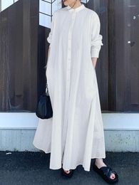 Casual Dresses Women White Black Cotton Linen Shirt Dress Elegant Loose Oversize Solid Lapel Long Sleeve Maxi Vintage