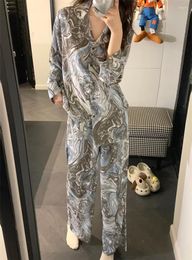 Women's Sleepwear Spring Autumn Silk Irregular Print Pyjama Set Soft Long Sleeve Turn Down Collar Suit Pants Home Clothes S300