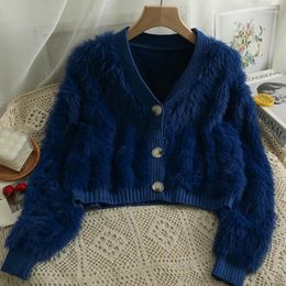 Women's Knits 2023 Autumn Imitation Mink Velvet Coat Women Loose Short Cardigan Outwear Female Long Sleeve Knitwear Ladies Tops