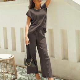 Women's Two Piece Pants Regular Fit Women Tracksuit Comfortable Two-piece Suit Stylish Summer Set Sleeveless Round Neck Top With Wide Leg