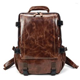 Backpack Men's Leather Vintage Fold Cowhide Student Bag Oilskin Leisure Travel