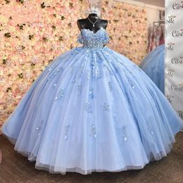 Blue Sparkly Sky 2023 Off Axel Sequins Ball Gown Tulle Party Sweet 15 16 Dress Quinceanera Anos 322