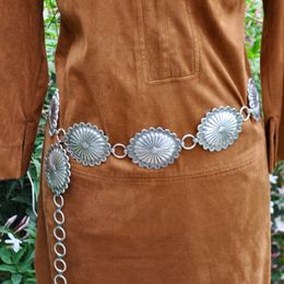 Waist Chain Belts CONCHO LINK BELT Southwestern Sun Star Burst Stamped Metal Medallion Concho Belt Cowgirl Summer Dress Boho Accessori 230825