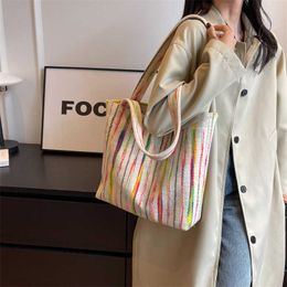 Shoulder Bags Bag Ins South Korean Seaside Vacation Style Rainbow Stripe One Shoulder Large Capacity Canvas Bag for Class Commuting Tote