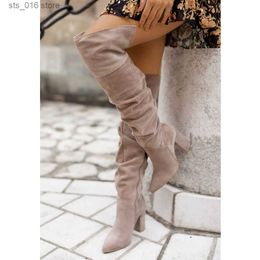 Hot RIBETRINI INS Sale Mid Calf Western Boots For Women Block High Heels Zipper Flock Vintage Casual Pleated L a