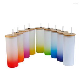 Wine Glasses Sublimation Blank Straight Glass Tumbler Gradient Colour 17oz Coffee Mug Juice Beer Tumblers Frosted Cup With Bamboo Lid