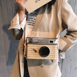 Waist Bag Shoulder Straw Chain Packs Strap Color Block Messenger Handbag Camera Shaped Composite Cross Body 230823