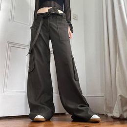 Women's Pants Y2K Casual Baggy Trousers Women Zip Pockets Grey Belt Low Waist Stitch Streetwear Straight Leg Cargo Vintage 90s