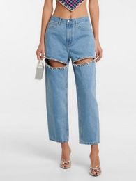 Women's Jeans Hollow Out Denim Pants High Street Diamond Studded Waist Patchwork Wide Leg Summer Flares 230824