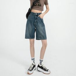 Women's Jeans Spring Straight Leg Wide Japanese 5/4 Mid Pants Vintage Denim Shorts High Waist Loose