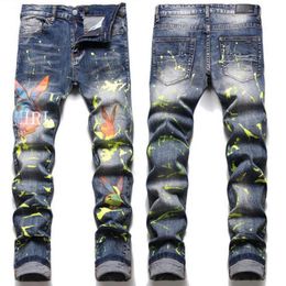 Men's Jeans Am European men jean paint embroidery Pentagram trend elastic slim fit Leggings versatile pants 3261 MM2GG61300e