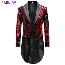 Men's Suits Blazers Mens Red Black Sequin Tailcoat Jacket Dress Coat Double Breasted Dinner Party Stage Tuxedo Blazer Suit Jacket Stage Costume 4XL 230824