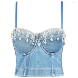 Women's Tanks Girls Luxury Rhinestone Tassel Camis Crop Tops Chic Push Pu Bra Streetwear Vintage Denim Fabric Slim Corset Outfits Y2k