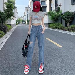 Women's Jeans 2023 Spring Summer Womens With Holes Straight Ripped Female High Waist Slim Denim Pants Trousers Split