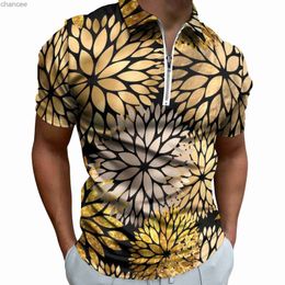 Gold Floral Print Casual Polo Shirt Flowers T-Shirts Mens Short-Sleeve Design Shirt Beach Trendy Oversize Clothes Birthday Gift HKD230825