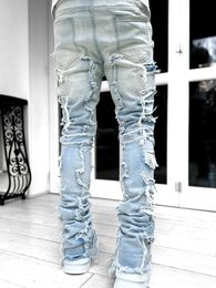Men's Jeans Men's Distressed Denim Jeans Slim Fit Patched Straight Leg Stretchable Ripped Pants Streetwear Fashion Clothes 230825