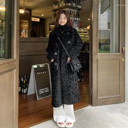 Women's Fur Black Lamb Wool Coat Winter Cow Horn Button Loose Thick Environmentally Friendly Long Over Knee Outerwear