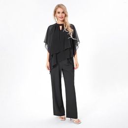 Women's Two Piece Pants Fashion 2 Outfits Half Sleeve Irregular Chiffon Tops Solid Colour Suspender Jumpsuit Sets Casual Streetwear