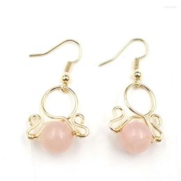 Dangle Earrings FYJS Unique Jewellery Light Yellow Gold Colour Circle Wire Wrap Round Beads Natural Rose Pink Quartz Drop
