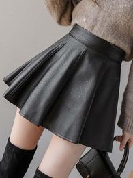 Skirts PU Pleated Skirt Autumn Women Solid Colour Leather Winter Womens Slim High Waist Saia Faldas Chic Zipper Mini