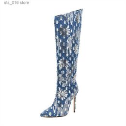 Boots 2023 Europe and America Knee Length 45 Large Boots Women's Sexy Stiletto Heel Printed Fabric Side Zipper Show Banquet Boots T230824