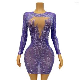 Stage Wear Sexy Purple Silver Rhinestones Stretch Dress Birthday Celebrate Outfit Evening Show Performance Dancer Costume Zixu