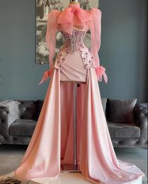 Peach Pink Organza Stain Prom Birthday Dresses with Long Sleeve Crystal Beaded High Low Corset Evening Garduation Gown