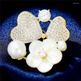 Brooches Luxury White Cubic Zircon For Women High-end Love Heart Flower Pearl Brooch Fashion Jewelry Corsage Female Broche Pin