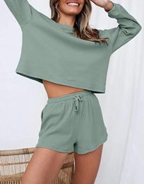 Women's Sleepwear Women Waffle Knit Long Sleeve Pullover Top And Shorts With Pocket Wearable Fashion&Casual Pajamas Sets