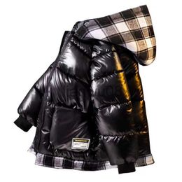 Down Coat Children's Cottonpadded Winter Jacket Boys Thick Black Glossy Coats Kids Plaid Hooded Washfree Top x0825