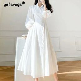 Basic Casual Dresse White Elegant High Waist Single Breasted Shirt Dress Autumn Fashion Pleated Long Sleeve Pockets Slim Party Dresses Vestido 230825