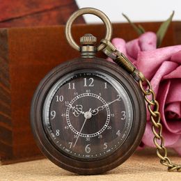 Pocket Watches Vintage Wood Watch Quartz Pocket Watch Ebony Walnut Wooden Chain Open Face FOB Lightweight Clock Christmas Gifts for Men Women 230825