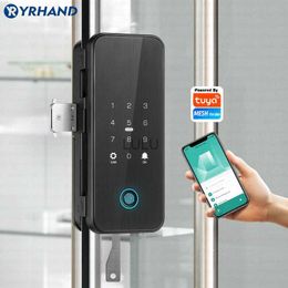 YRHAND Drill free Bluetooth Biometric Fingerprint RFID Card Code Remote Control Tuya App Electronic Smart Glass Door Lock HKD230824