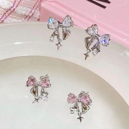 Dangle Earrings Korean Kawaii Pink Bow Tie Zircon Rhinestones Jewellery For Women Girl Party Wedding Gift 2023Trendy Accessories