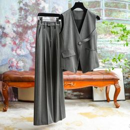 Women's Two Piece Pants One-button Jacket High Waisted Wide-legged Fashion Suit Female Fall Formal Occasions Commuting Business Simple